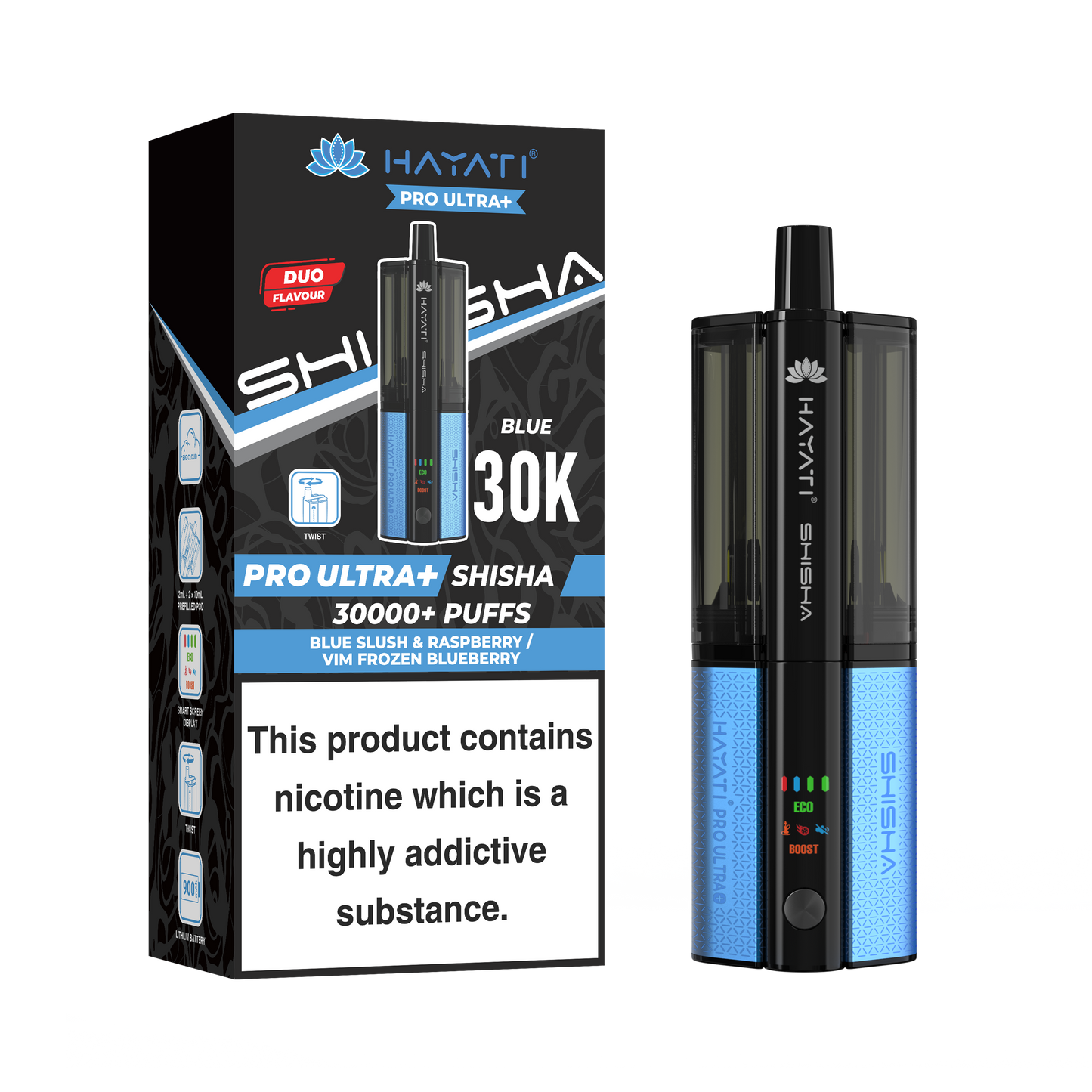 hayati pro ultra plus shisha 30k prefilled pod kit blue slash & raspberry/ vim frozen blueberry flavors