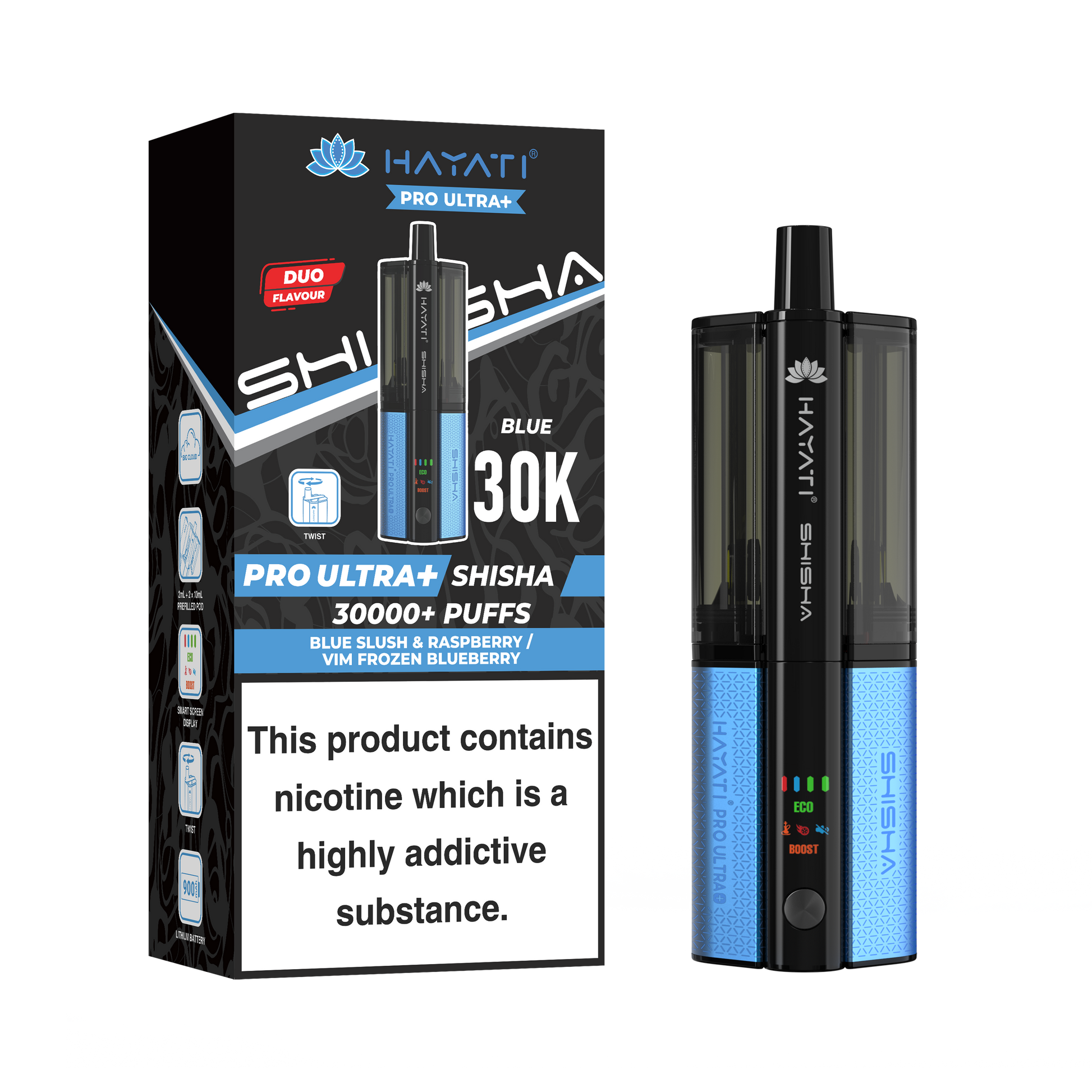 hayati pro ultra plus shisha 30k prefilled pod kit blue slash & raspberry/ vim frozen blueberry flavors